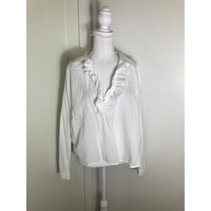 A Shirt Thing White Long Sleeve Cotton V-Neck with Ruffle Detailing Sz M